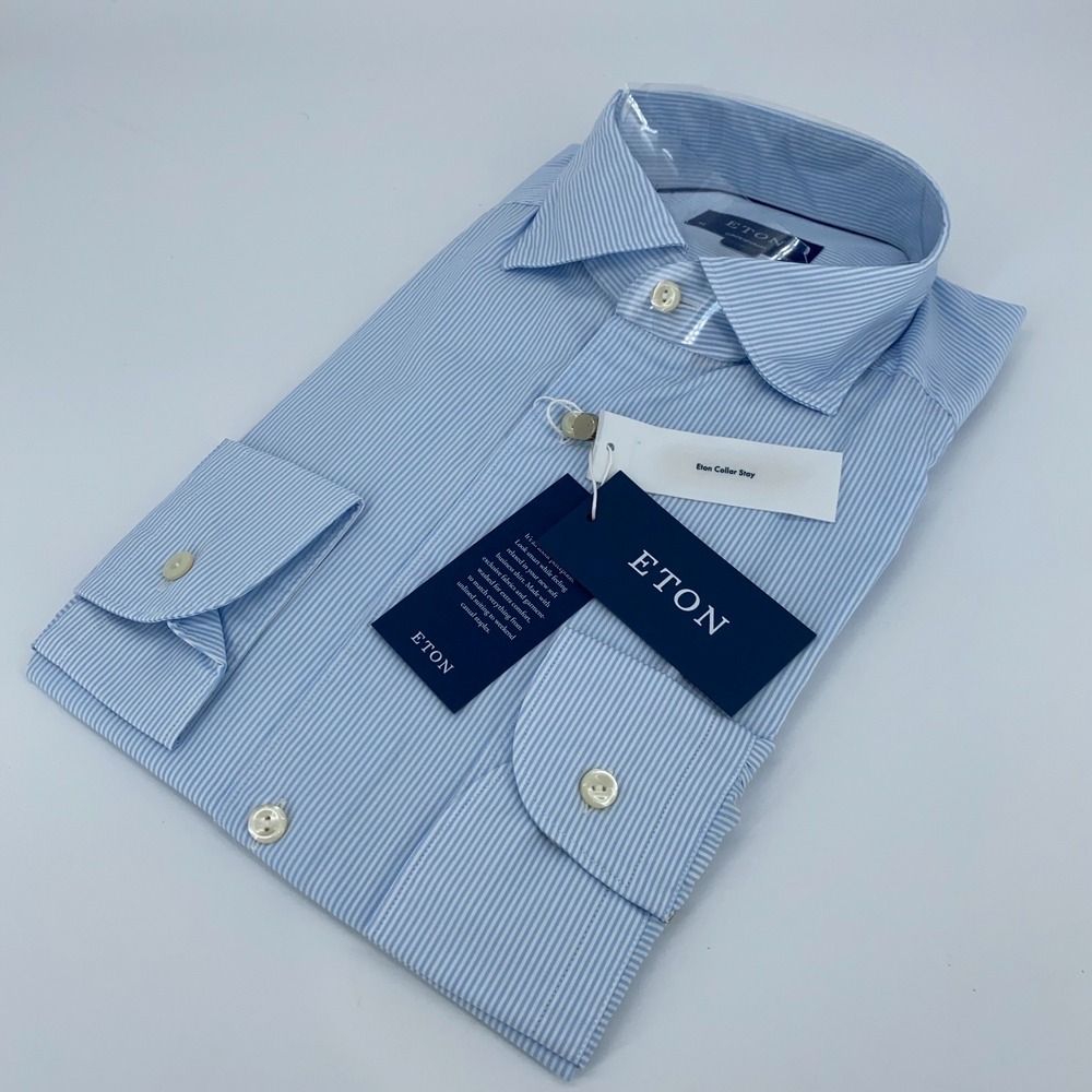 Eton Dress Shirt Men L 16 1/2 - 42 Blue Pinstripe Lightweight Twill Contemporary